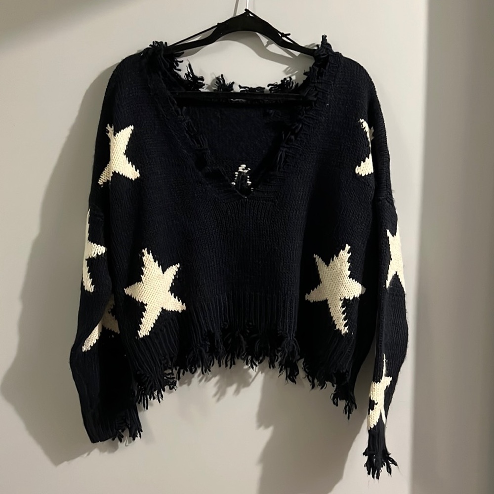 Navy V Neck Star Sweater